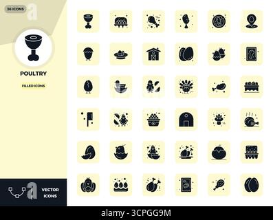 Handgefertigte Kollektion mit 36 gefüllten Vektorsymbolen für Geflügel, optimiert in einer Auflösung von 128x128 PIXELN für erstklassige digitale Erlebnisse. Stock Vektor