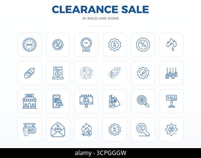 Diese Kollektion bietet 24 starke Outline PIXEL Perfect Vektorsymbole, die speziell auf das Thema Clearance Sale abgestimmt sind und im Format 128x128 für Digital DE optimiert sind Stock Vektor