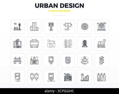Fortschrittliche Sammlung von 24 PIXEL Perfect Vektorsymbolen, inspiriert vom Urban Design, in starker Outline mit 128x128-Optimierung für überragende visuelle Qualität Stock Vektor
