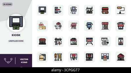 Verwandeln Sie Ihre Designs mit 24 LineFilled Vektorsymbolen rund um Kiosk, die in einer perfekten Auflösung von 128x128 PIXELN für maximale Klarheit entwickelt wurden. Stock Vektor