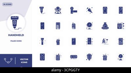 Ultimative Sammlung von 24 Vektorsymbolen, die Handheld in voller Ästhetik darstellen, optimiert mit einer perfekten Auflösung von 128x128 PIXELN für maximale Wirkung. Stock Vektor