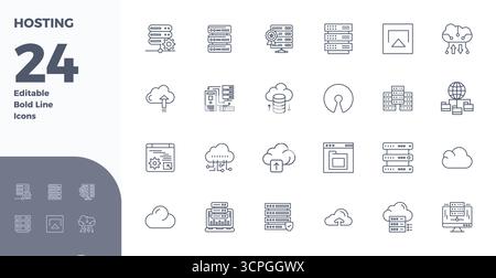 Umfassendes Paket mit 24 Vektorsymbolen im Bold Line-Design für Hosting in gestochen scharfer Qualität mit 128x128 PIXELN. Stock Vektor
