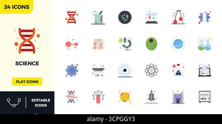 Vektorpaket mit 24 Flat Color PIXEL Perfect Icons, inspiriert von der Wissenschaft, in 128x128 Auflösung, ideal für skalierbare und kreative Designarbeiten. Stock Vektor