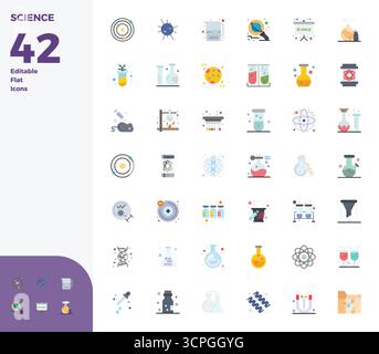 Optimieren Sie Ihre Projekte mit 42 flachen Vektorsymbolen rund um Wissenschaft, mit einer perfekten Auflösung von 128x128 PIXELN, ideal für saubere und professionelle des Stock Vektor