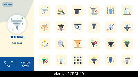Sorgfältig zusammengestellte 24 flache Vektorsymbole für die Filterung, mit einer perfekten Auflösung von 128x128 PIXELN für konsistente Markendarstellung und Benutzererfahrung Stock Vektor