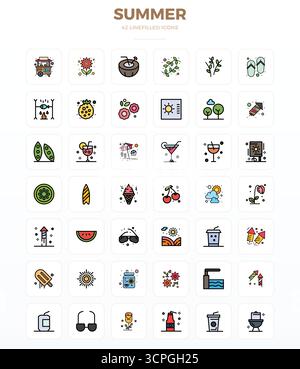 Raffiniertes Paket mit 42 LineFill-Vektorsymbolen für den Sommer, optimiert mit 128x128 PIXELN perfekte Qualität für elegante und funktionale Designlösungen Stock Vektor