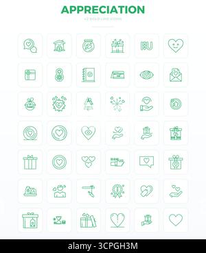 Ein dynamischer Satz von 42 Vektorsymbolen in starker Kontur, speziell für Wertschätzung mit 128x128 PIXELN, perfekt für digitale Produkte geeignet. Stock Vektor