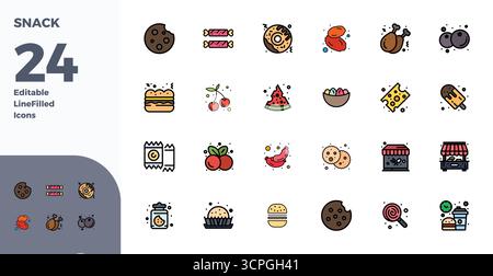 Sammlung von 24 perfekt-Vektorsymbolen für Snacks mit Duotone-PIXELN im Format 128x128 für Klarheit und Vielseitigkeit. Stock Vektor