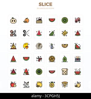Dieses Slice Vector Icon Paket enthält 36 LineFill Designs im perfekten Format mit 128x128 PIXELN, perfekt für die Verbesserung digitaler Schnittstellen. Stock Vektor