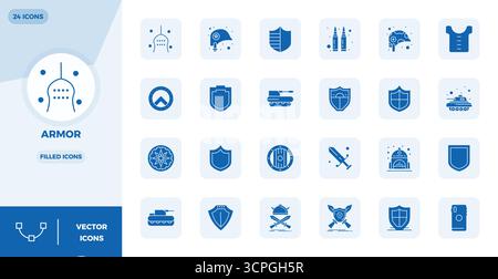 Umfassendes Toolkit mit 24 Vektorsymbolen rund um Armor, entwickelt mit perfekter Präzision von 128x128 PIXELN für vielseitiges Design applicatio Stock Vektor