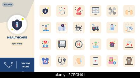 Verwandeln Sie Ihre Designs mit 24 flachen Vektorsymbolen rund um das Gesundheitswesen, die in einer perfekten Auflösung von 128x128 PIXELN für maximale Klarheit entwickelt wurden. Stock Vektor