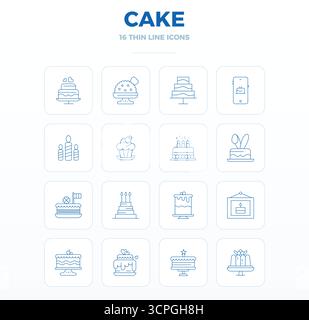 Branchenführende Packung mit 16 Thin Outline PIXEL Perfect Vektorsymbolen für Kuchen, Größe 128x128 für optimales Rendering und hervorragende Benutzeroberflächen. Stock Vektor