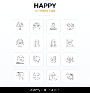Diese Kollektion enthält 16 PIXEL Perfect Vektorsymbole mit Thin Outline, die speziell auf das Happy-Thema zugeschnitten sind und im Format 128x128 für digitales Design optimiert sind. Stock Vektor