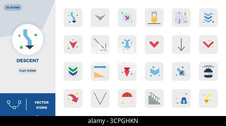 Sorgfältig kuratierte 24 flache Vektorsymbole für Descent mit einer perfekten Auflösung von 128x128 PIXELN für konsistente Markendarstellung und Benutzererfahrung Stock Vektor