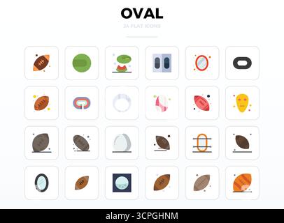 Vektorpaket mit 24 minimalen flachen PIXELN Perfect Icons, inspiriert von Oval, in 128x128 Auflösung, ideal für skalierbare und kreative Designarbeiten. Stock Vektor