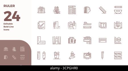 Ein vielseitiger Satz von Perfect Vektorsymbolen mit 24 PIXELN und Fokus auf Lineal, geliefert im gestochen scharfen Format 128x128, ideal für mobile und Web-Anwendungen. Stock Vektor
