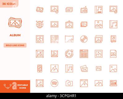 Hochwertige Sammlung von 36 Heavy Line Vektor-Symbolen für Album, akribisch in einer perfekten Auflösung von 128x128 PIXELN für überragende visuelle Wirkung gefertigt. Stock Vektor