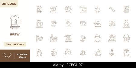 Optimierter Satz von 28 Vektorsymbolen für Brew in Minimal Line Ästhetik mit einer perfekten Auflösung von 128x128 PIXELN für nahtlose Benutzererfahrungen. Stock Vektor