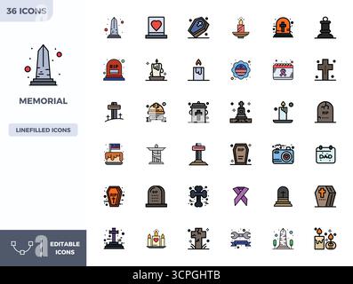 Präzise entwickelte 36 flache lineare Farbvektorsymbole für Memorial, entwickelt mit einer perfekten Auflösung von 128x128 PIXELN für außergewöhnliche Klarheit und Skalierbarkeit Stock Vektor