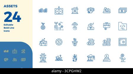 Professionell gestaltete 24 Vektorsymbole in Bold Line, die das Wesen von Assets mit 128x128 PIXELN perfekt für UI-Design festhalten. Stock Vektor