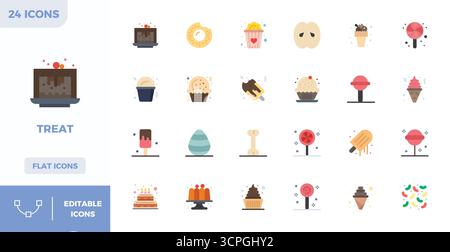 Unverkennbare 24 PIXEL Perfect Vektor-Symbole, inspiriert von Treat, im Flat Color-Format mit 128 x 128 für unvergessliche Markenerlebnisse. Stock Vektor