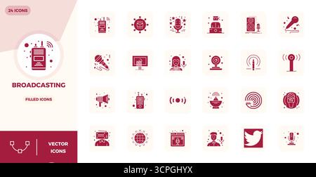 Entdecken Sie ein Set von 24 gefüllten Vektorsymbolen, die speziell für das Broadcasting-Thema entwickelt wurden, mit 128x128 PIXELN, die perfekt für moderne UI/UX-Projekte geeignet sind. Stock Vektor