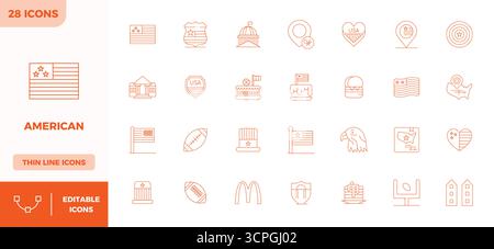 Intelligent gestaltete 28 PIXEL Perfect Vektorsymbole, inspiriert von American, im Minimal Line Format bei 128x128 für intelligentes und effizientes Design Stock Vektor