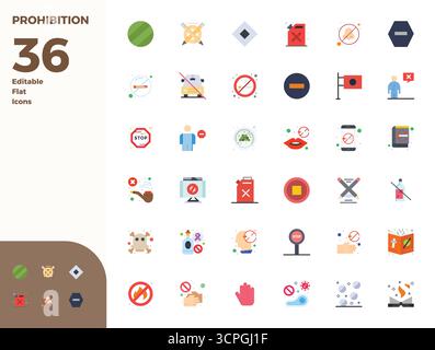 Professionelle Sammlung von 36 flachen Vektorsymbolen, die Prohibition repräsentieren, gefertigt mit 128x128 PIXEL perfekter Präzision für Enterprise applicatio Stock Vektor