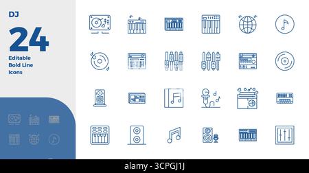 Zukunftsweisendes Paket mit 24 Vektorsymbolen rund um den DJ, das Bold Line Design mit 128x128 PIXELN für innovative Benutzeroberflächen präsentiert. Stock Vektor