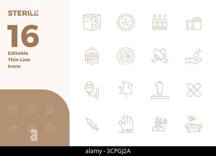 Außergewöhnliche Sammlung von 16 Thin Line Vektor-Symbolen für steril, mit einer perfekten Auflösung von 128x128 PIXELN für unvergleichliche visuelle Exzellenz und Stock Vektor