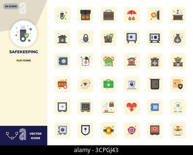 Zukunftsweisendes Paket mit 36 Vektorsymbolen zum Thema Sicherheit und flaches Design mit 128 x 128 PIXELN perfekter Klarheit für innovative Benutzeroberflächen Stock Vektor