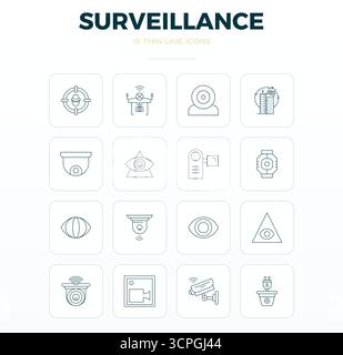 Ein vielseitiger Satz von 16 Thin Outline PIXEL Perfect Vektorsymbolen mit Fokus auf Überwachung, geliefert im gestochen scharfen Format 128x128, ideal für mobile Anwendungen und Web-Anwendungen Stock Vektor