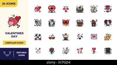 Dieses Paket mit Vektorsymbolen zum Valentinstag enthält 24 flache, lineare Farbdesigns im perfekten Format mit 128x128 PIXELN, perfekt für die Verbesserung digitaler Schnittstellen. Stock Vektor