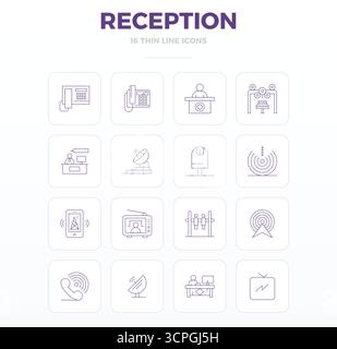 Professionell gestaltete 16 Thin Outline PIXEL perfekte Vektorsymbole für Empfang, entwickelt mit einer Auflösung von 128x128 für fehlerfreie Integration und Leistung. Stock Vektor