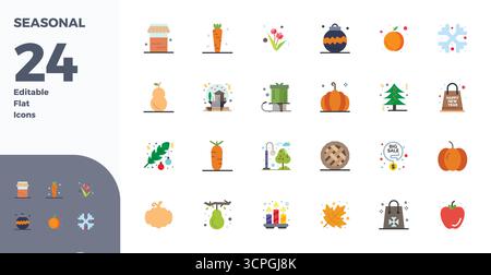 Strategisches Paket mit 24 Vektorsymbolen, die saisonabhängig im Flat-Format darstellen, optimiert mit 128x128 PIXELN perfekte Qualität für professionelle Workflo-Anwendungen Stock Vektor