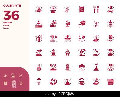 Ein vielseitiger Satz von Perfect Vektorsymbolen mit 36 Glyph-gefüllten PIXELN mit Fokus auf Kultivierung, geliefert im gestochen scharfen Format 128x128, ideal für mobile Anwendungen und Web-Anwendungen Stock Vektor