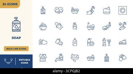 Diese Kollektion bietet 24 Heavy Line PIXEL Perfect Vektorsymbole, die auf das Soap-Thema zugeschnitten sind und im Format 128x128 für digitales Design optimiert sind. Stock Vektor