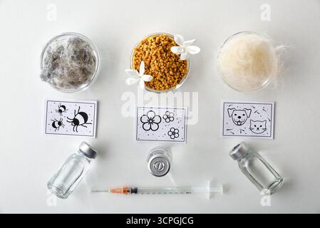 Hintergrund mit verschiedenen Allergenen wie Milben, Pollen und Tierhaaren auf einem weißen Tisch mit mehreren Dosen Impfstoff in Durchstechflaschen und einer Spritze. Obere V Stockfoto