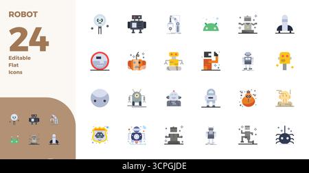Ein vielseitiger Satz von 24 Flat PIXEL Perfect Vektorsymbolen mit Fokus auf Roboter, geliefert im gestochen scharfen Format 128x128, ideal für mobile und Web-Anwendungen. Stock Vektor