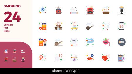 Verwandeln Sie Ihre Designs mit 24 flachen Vektorsymbolen rund um das Rauchen, die in einer perfekten Auflösung von 128x128 PIXELN für maximale Klarheit entwickelt wurden. Stock Vektor