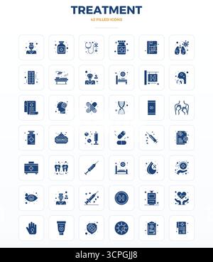 Entdecken Sie eine Reihe von 42 SolidFill Vektorsymbolen, die speziell für das Behandlungsthema entwickelt wurden, mit 128x128 PIXELN, die perfekt für moderne UI/UX-Projekte geeignet sind. Stock Vektor