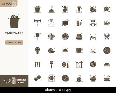 Set aus 36 PIXEL Perfect Vektor-Symbolen, die sich um Tableware drehen, in einer Auflösung von 128x128 für eine nahtlose Integration in Apps und Websites. Stock Vektor