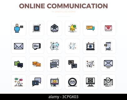 Umfassendes Toolkit mit 24 Vektorsymbolen rund um die Online-Kommunikation, entwickelt in LineFill mit 128x128 PIXEL perfekter Präzision für vielseitige Anwendungen Stock Vektor