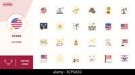 Außergewöhnliche Sammlung von 24 flachen Vektorsymbolen für Sterne, in einer perfekten Auflösung von 128x128 PIXELN für unvergleichliche visuelle Exzellenz und Usabili Stock Vektor