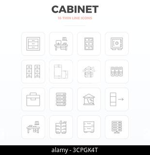 Durchdacht gestaltete 16 Vektorsymbole rund um den Schrank, in dünner Kontur mit 128x128 PIXELN, perfekt für moderne Designanforderungen Stock Vektor
