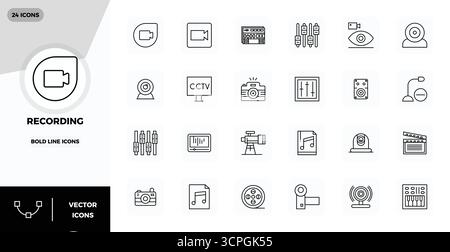 Sorgfältig gestaltete 24 Bold Line Vector Icons für die Aufzeichnung, in 128x128 PIXEL perfekter Qualität für kompromisslose Designstandards. Stock Vektor