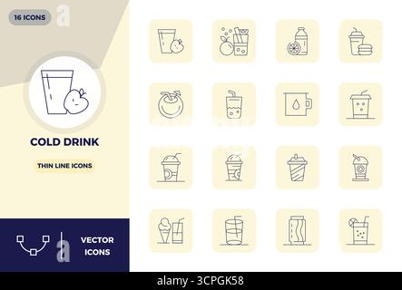 Fortschrittliche Sammlung von 16 PIXEL Perfect Vektorsymbolen, inspiriert von Cold Drink, in Thin Line mit 128x128-Optimierung für überragende visuelle Leistung Stock Vektor