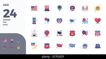 Verwandeln Sie Ihre Designs mit 24 flachen Vektorsymbolen rund um die USA, die in einer perfekten Auflösung von 128x128 PIXELN für maximale Klarheit entwickelt wurden. Stock Vektor