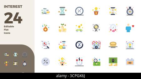 Hochleistungsfähige Sammlung von 24 flachen Vektorsymbolen für Interesse, entwickelt mit einer perfekten Auflösung von 128x128 PIXELN für ein optimales Design der Benutzeroberfläche. Stock Vektor