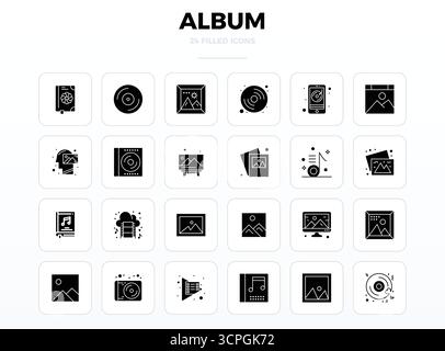 Zeitgenössische Sammlung von 24 Vektorsymbolen, die ein Album in SolidFill-Ästhetik darstellen, mit einer perfekten Auflösung von 128x128 PIXELN für moderne applicatio Stock Vektor